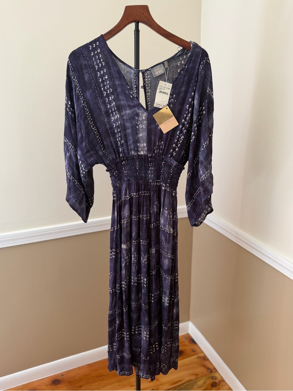 Boho Smocked-Waist Midi Dress in Navy